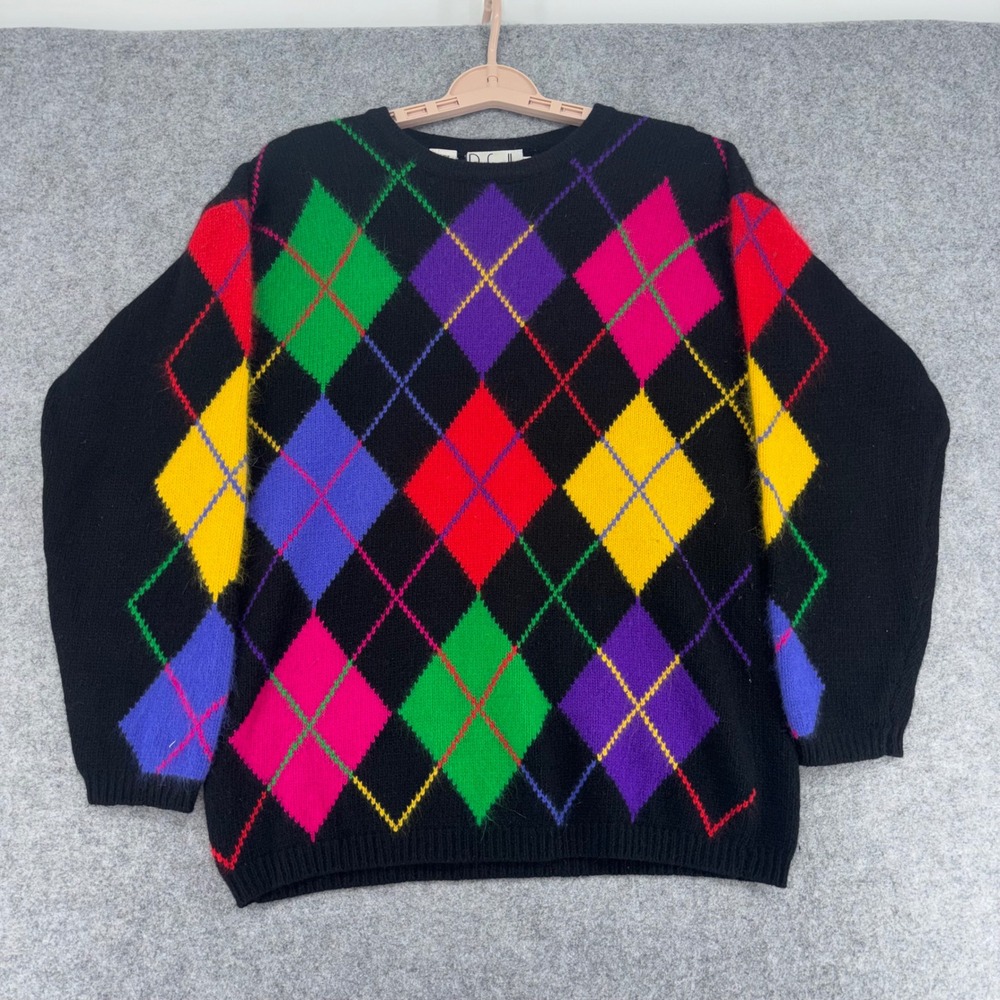 Vintage Rafaella Argyle Sweater Angora Lambswool Blend Black Multi Color Medium
